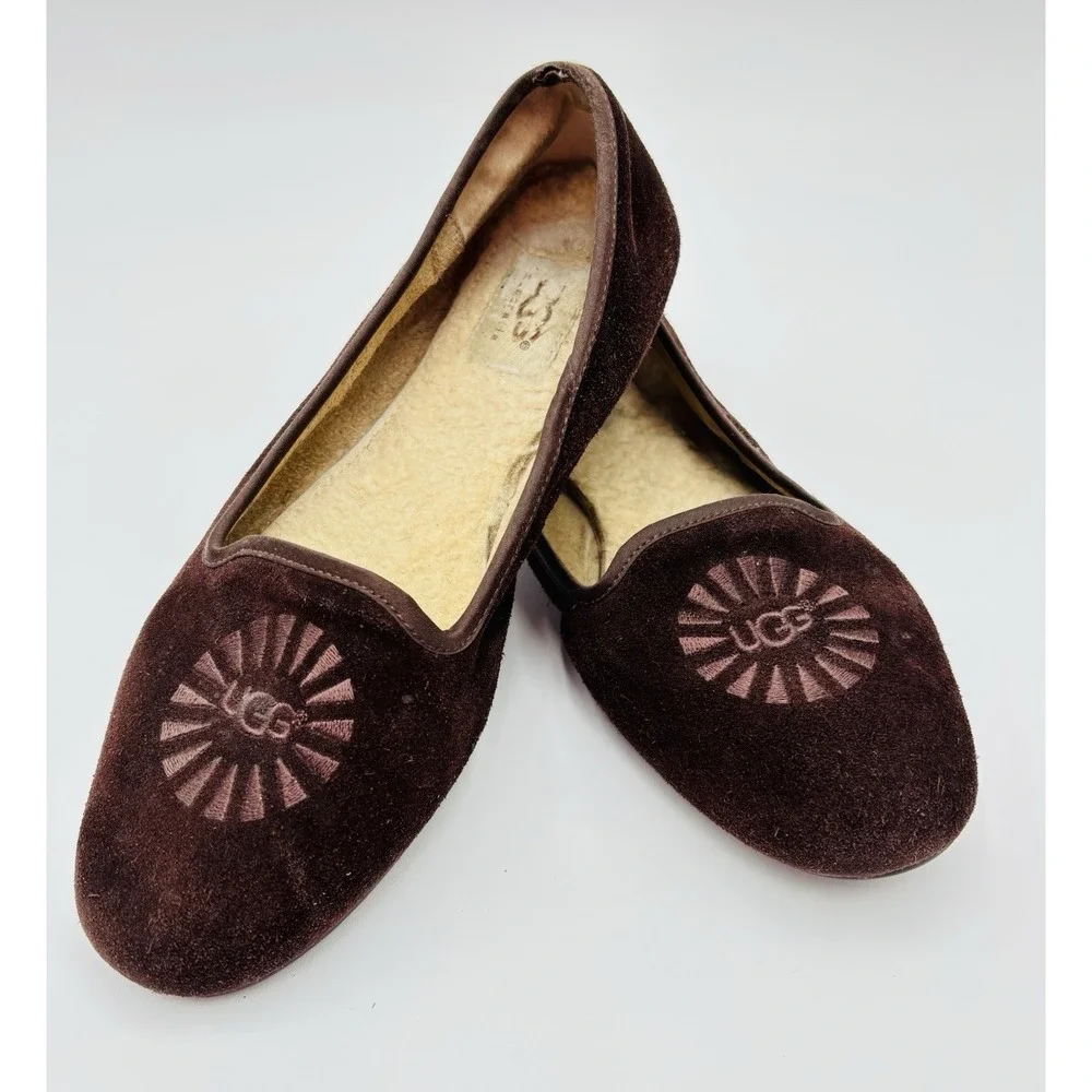 UGG Australia Slippers Womens 8 Brown Suede Shearling Flats Loafers Cozy Slip On